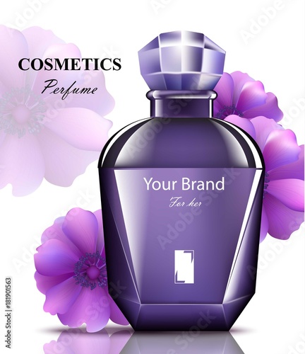 Women perfume purple bottle with delicate flowers fragrance. Realistic Vector Product packaging designs