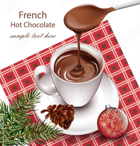 Hot chocolate in a cup on vintage background Vector. Pourring drink. French s...
