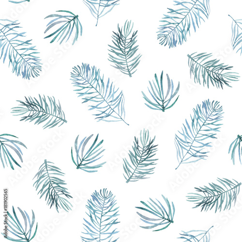 Watercolor seamless pattern with spruce branches.