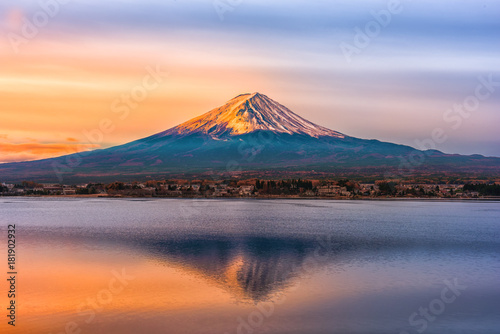 Mount Fuji and Lake Shojiko at sunrise in Japan. photo