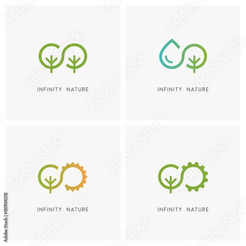 Infinity and nature logo set. Green tree, drop of water, the sun and gear wheel - ecology and environment, agriculture and industry icons.