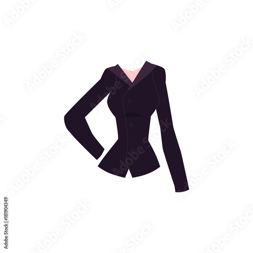 Black slim fit women blazer, suit jacket with button fastening, cartoon vector illustration isolated on white background. Cartoon women blazer with lapel collar and button-up fastening, trendy outfit
