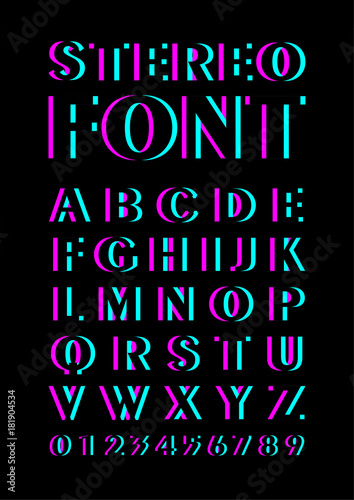 Font with stereoscopic effect. Alphabet. The letters with the color pink and blue