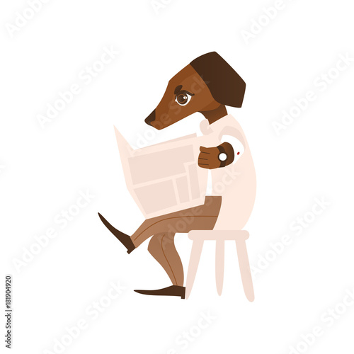 vector cartoon stylized humanized dog character. Male animal in casual clothing, watches sitting at backless stool reading newspaper. isolated illustration on a white background.