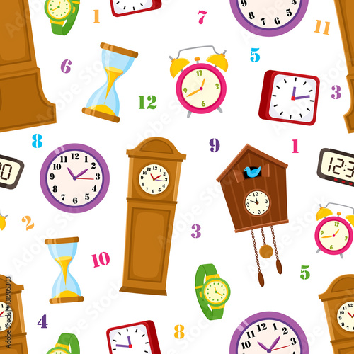 vector flat types of clocks seamless pattern. Digital wall mounted clock, hourglass, sandglass, table clock, alarm clock, vintage grandfather clock and wristwatch icon. Isolated illustration on
