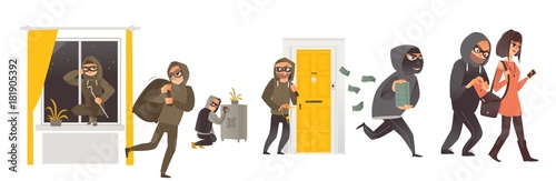 Set of thief in mask breaking into house, safe burglary, picklock, pickpocket, escaping with a loot, flat comic vector illustration isolated on white background. Set of thief, burglar at work