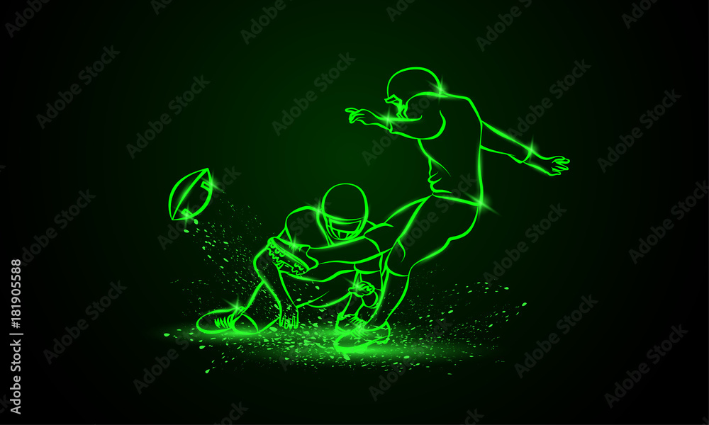 American Football Kicker Hits the Ball. Green Neon Sports Vector Illustration. American Football Kicker Hits the Ball. Green Neon Sports Vector Illustration.