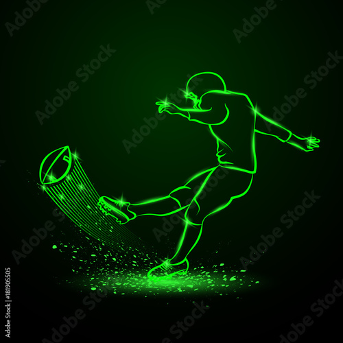 American football kicker hits the ball. Green neon sport background.