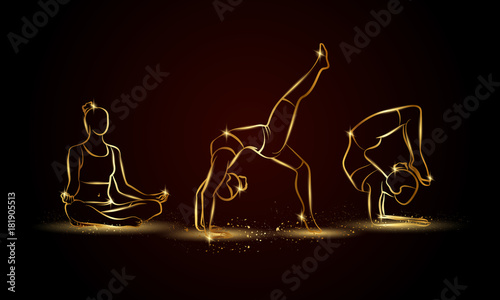 Yoga poses set. Golden linear yoga illustration for sport banner, background and flyer.