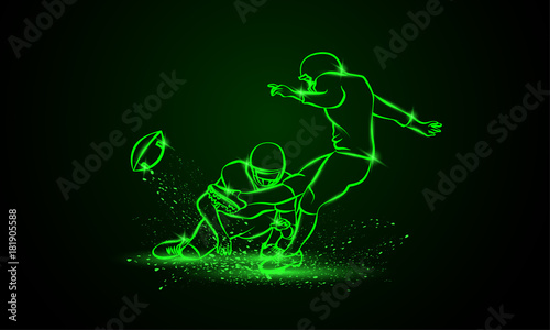 American Football Kicker Hits the Ball. Green Neon Sports Vector Illustration.