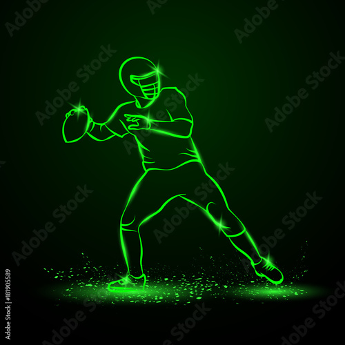 American football quarterback throws the ball. Green Neon Sports Vector Illustration. © leographics