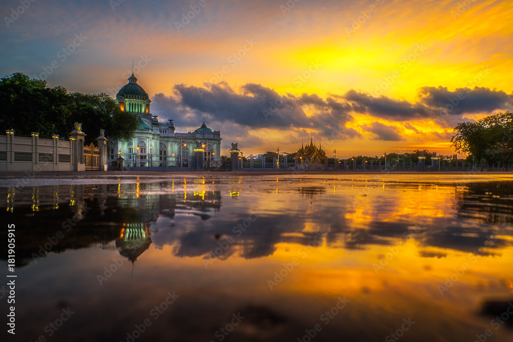 Ananta Samakhom Throne Hall with reflection in water in twilight time, Dusit Palace, Bangkok, Thailand