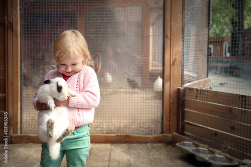 Bild auf Leinwand Cute little girl with funny rabbit in petting zoo