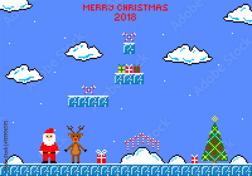 Christmas greeting card. Christmas game. Santa Claus, reindeer and Christmas tree in style of eight-bit game. Inscription of  Merry Christmas 2018.  Vector illustration.