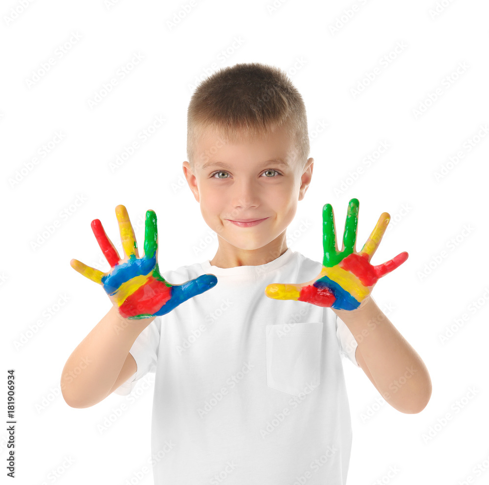 Cute little boy with hands in paint on white background Cute little boy with hands in paint on white background