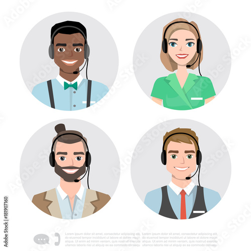 Call Center Operator Icons. Vector Cartoon Illustration
