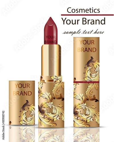 Red Lipstick cosmetics realistic Mock up Vector. Matt lipgloss with ornament decor, golden packaging original design. Gold colors