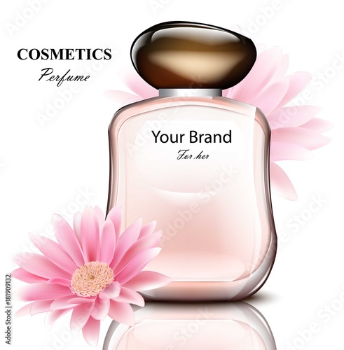 Women perfume bottle with delicate daisy flower fragrance. Realistic Vector Product packaging designs