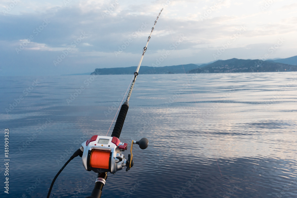 electric fishing reel mounted on a rod with sea in the background
