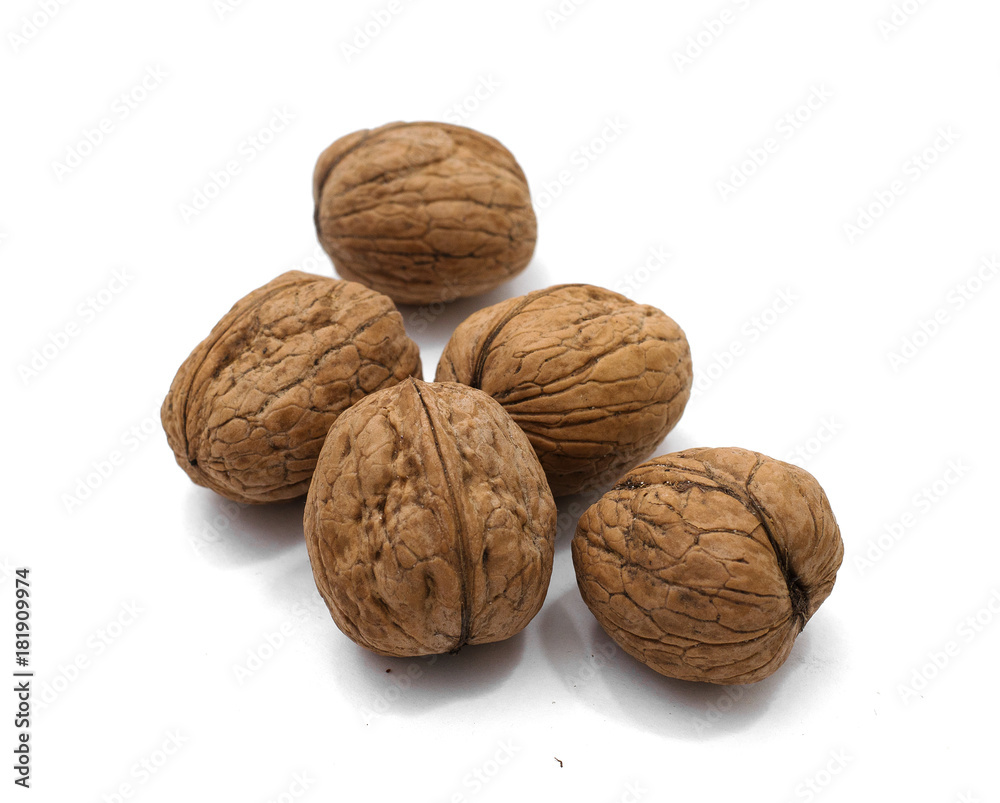 several walnuts in shell on white background several walnuts in shell on white background