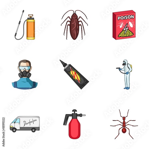 Pest, poison, personnel and various equipment cartoon icons in set collection for design. Pest control service vector symbol stock web illustration.