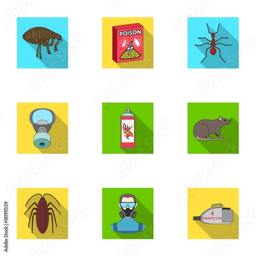 Pest, poison, personnel and various equipment flat icons in set collection for design. Pest control service vector symbol stock web illustration.