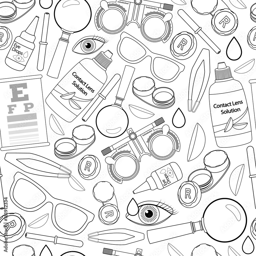 Seamless pattern of medical optometry accessory for correct vision - contact  lens, solution, lens case eye test chart, glasses. Vector vector de Stock |  Adobe Stock