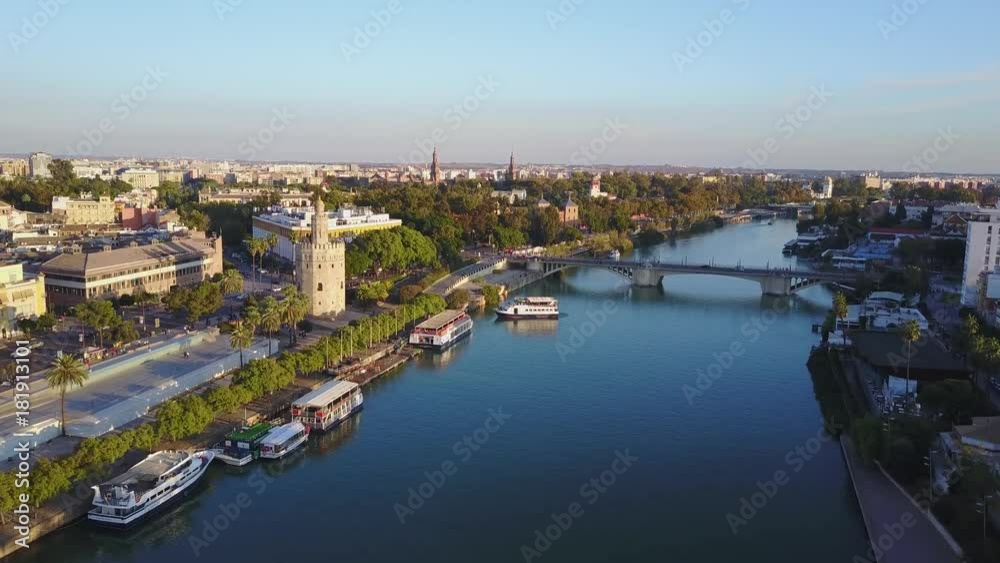Aerial view of Torre del Ore and river Guadalquivir, Seville, Spain Aerial view of Torre del Ore and river Guadalquivir, Seville, Spain