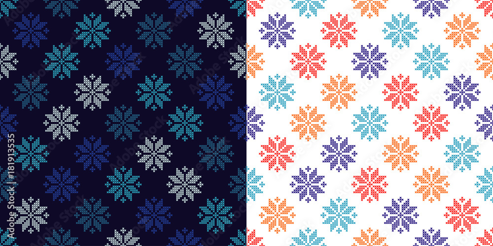 Set of 2 Seamless vector backgrounds cross stitch Norwegian snowflakes. Folk motifs. Winter pattern. Textile rapport.