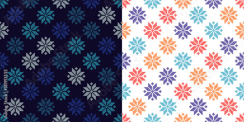 Set of 2 Seamless vector backgrounds cross stitch Norwegian snowflakes. Folk motifs. Winter pattern. Textile rapport.