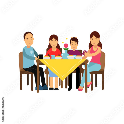 Happy family having meal together, husband and wife with children sitting at the table vector Illustration