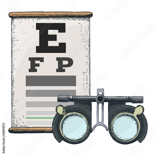 Eye vision test and trial lens frame, poor eyesight myopia diagnostic on Snellen eye test chart. Vision correction with glasses. Vector.