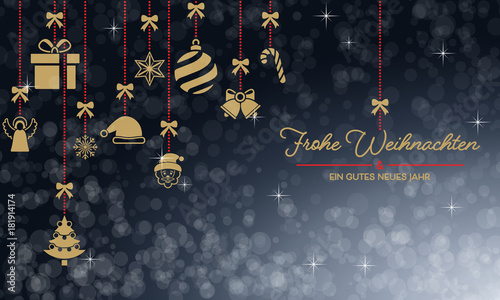 Weihnachtskarte mit hängenden Weihnachtsmotiven - in Gold