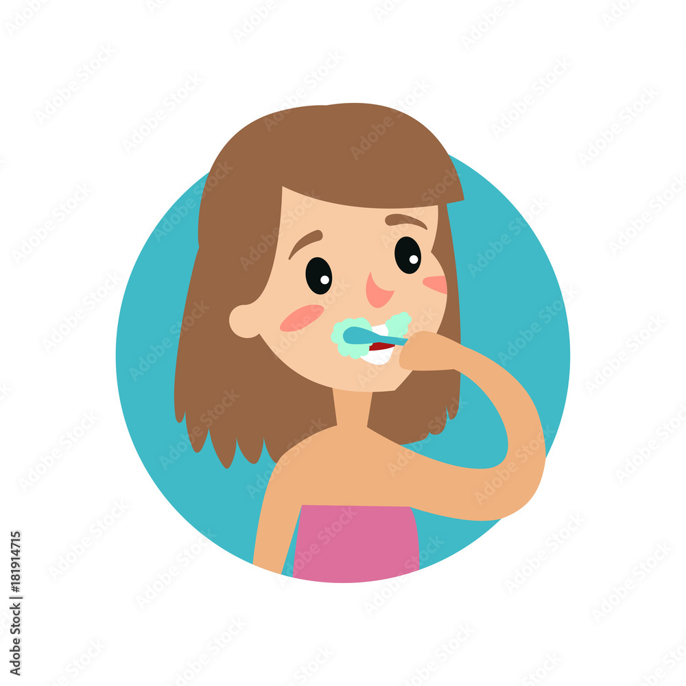 Girl brushing her teeth, cheerful woman taking care of her teeth vector Illustration