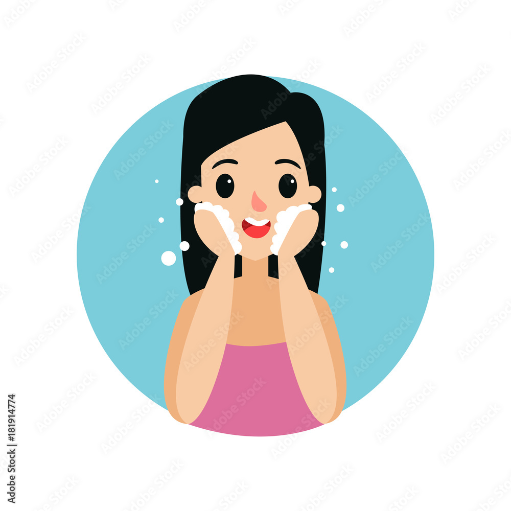 Brunette girl cleaning her face with foam, woman caring for herself, healthy lifestyle vector Illustration Brunette girl cleaning her face with foam, woman caring for herself, healthy lifestyle vector Illustration