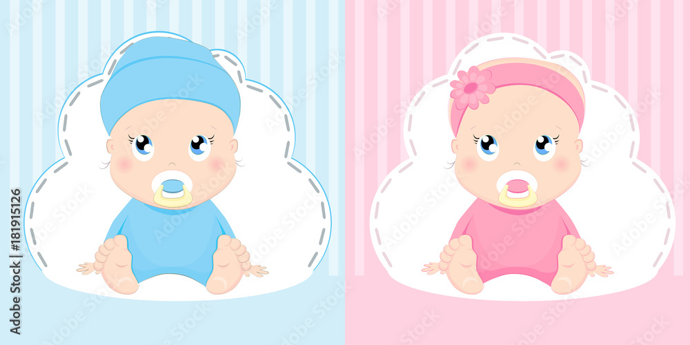 Cute baby girl and boy card's design. Pretty sitting kids cartoon character  vector illustration. Stock Vector | Adobe Stock