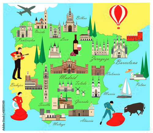 Spain travel map with sights flat style vector illustration. Popular buildings for tourists. Spanish map. Tourism and travel.

