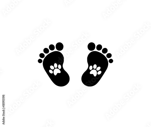 Animal pawprints inside of baby footprints.