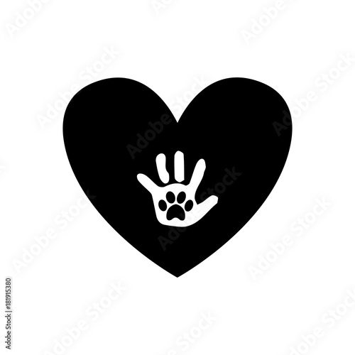 Baby handprint with pet paw print on the palm inside of black heart icon
