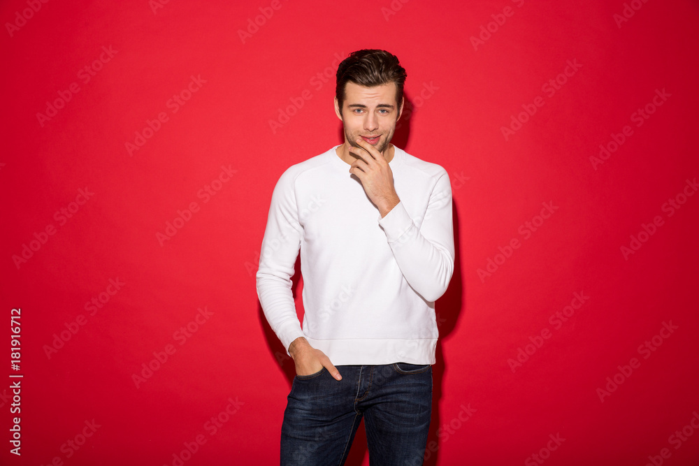 Fototapeta premium Mystery man in sweater holding chin and looking at camera