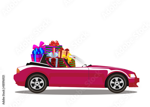 Purple modern cartoon cabriolet car full of gift boxes isolated on white background.