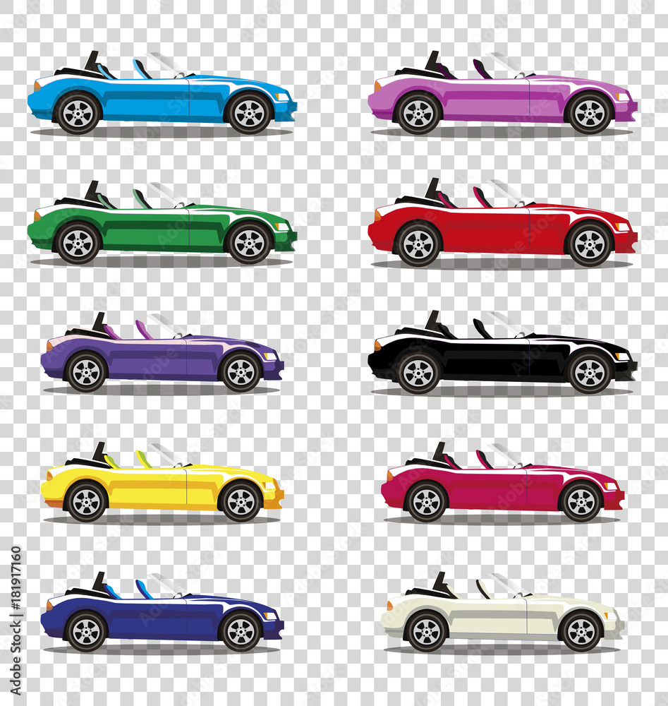 Set of modern cartoon colored cabriolet cars isolated on transparent background.