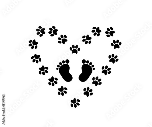 Black silhouette of baby footprints inside heart made of animal paws track
