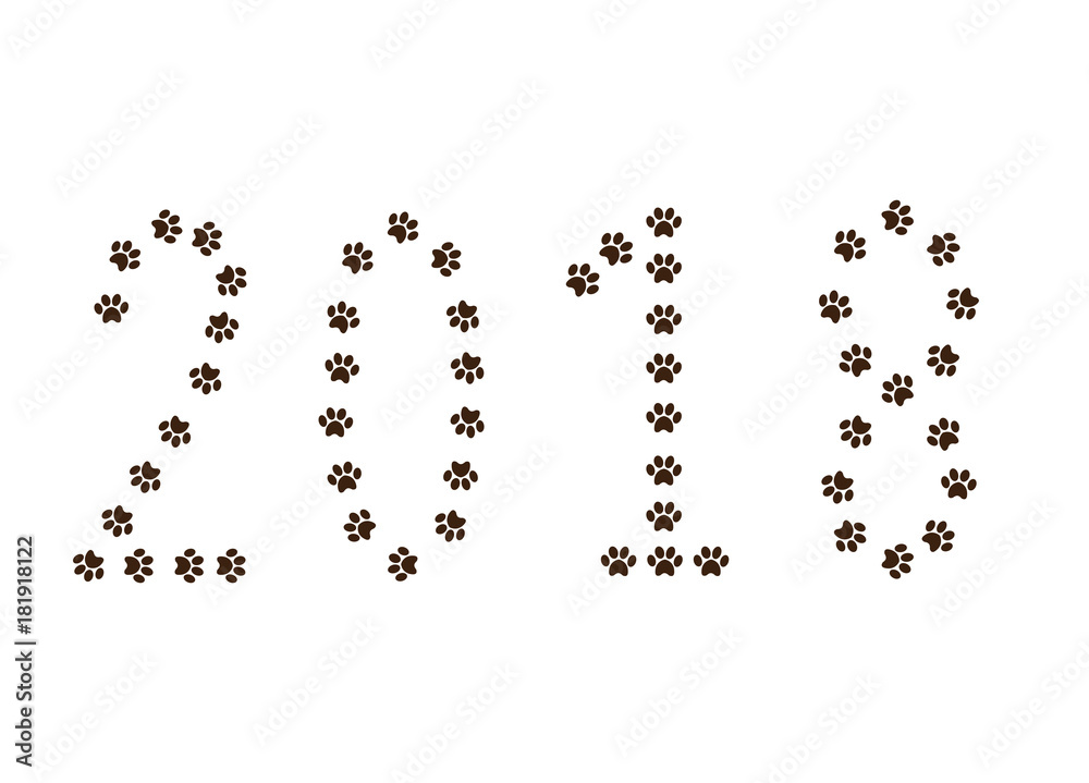Numeral 2018 made of animal pawprints track isolated on white background. Numeral 2018 made of animal pawprints track isolated on white background.