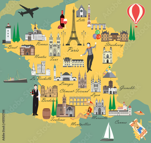 France travel map with sights flat style vector illustration. Popular buildings for tourists. French map. Tourism and travel.