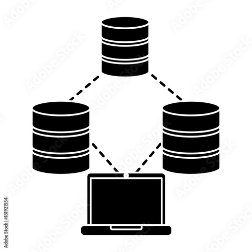 databases with laptop data center icon image vector illustration design  black and white