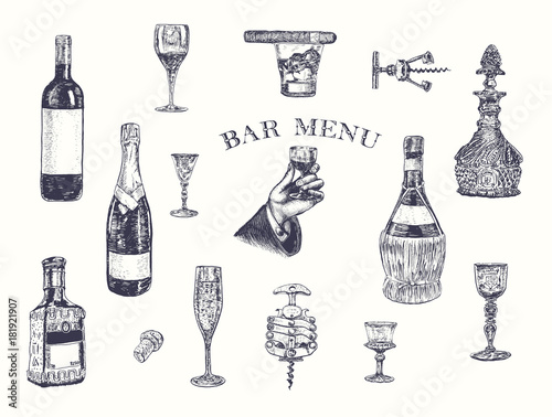 Hand holding a glass of alcohol drink. Hand drawn vector illustration with wine bottle, champagne, glass, tequila, decanter, glass of whisky and cigar, stopper, stopper, corkscrew. Vintage engraving