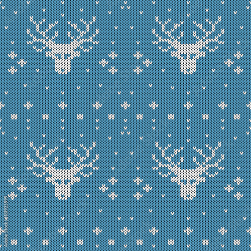 Abstract knitted deer seamless pattern background. Knit texture for design new year card, christmas invitation, holiday wrapping paper, winter vacation travel and ski resort advertising etc.