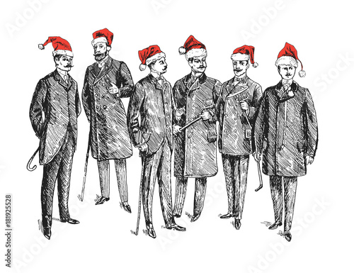Christmas retro party. Celebrating New Year. Group of people in red Santa's hat Vintage Hand Drawn Gentleman Set. Men's clothing. Retro Illustration in ancient engraving style