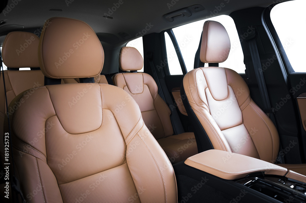 back seats of modern luxury car interior, black leather Stock Photo by  gargantiopa